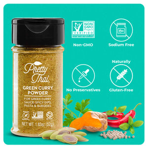 "A bottle of Pretty Thai Green Curry Powder. which is for the green curry sauce, spicy dips, pasta and burgers. Net WT. 1.83 oz (52 g) is also written on it under different labels. At the bottom right corner, some vegetables can be seen. 4 icons can be seen which read “Non-GMO, Sodium Free, No Preservatives, and Naturally Gluten-Free”