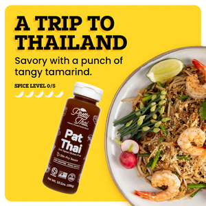 A white plate with seafood in it on the yellow background. The border of the background is white. Pretty Thai PAT Thai Stir Fry and Marinade Sauce alongside the plate. At the top left corner “A Trip to Thailand” is written in bold black font. Under this text “Savory with a punch of tangy taramind” is written in black. Under this “Spice Level 0/5 ” is written in black and under this text there are 5 chilis present out of which all are white.