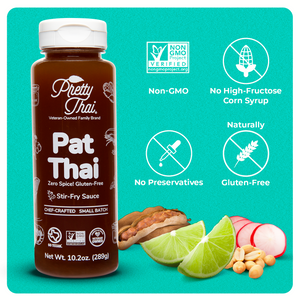 Image of Pretty Thai’s PAT Thai stir fry and marinade sauce,” Savory with a Tangy Punch of Tamarind” and Net WT. 10.2 0z (289 g) is also written on it. In the bottom right corner, some vegetables and nuts can be seen. On top of these vegetables, 4 white icons are present. These icons read “Non-GMO, No High-Fructose Corn Syrup, No Preservatives, and Naturally Gluten-Free”.