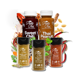 Picture of two Pretty Thai sauces and 3 spices. Sauces include Sweet Chili and Thai Peanut. Spices include Green Curry Powder, Seasoning salt and Thai Chili powder. The background includes ingredients spread out which are: Red pepper, peanuts, salt, chili powder flakes, turmeric, lemongrass, fennel, etc.