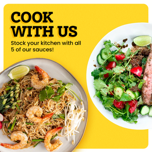 Two white plates, one has shrimps and the other has streak init on a yellow background. The border of the background is white. At the top left corner “Cook With Us” is written in bold black font. Under this text “Stock your Kitchen with all our sauces and spices!” is also written in black.
