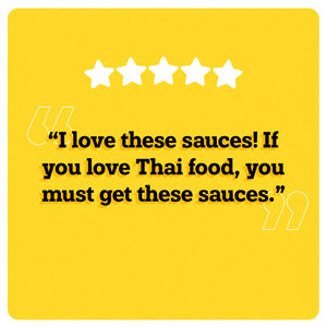 On a yellow background, 5 white stars can be seen in the center. Under the stars, “I love these sauces! If you love Thai food, you must get these sauces.” is written in black double quotes in bold black font. An illustration of two big white quotes can also be seen.