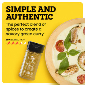 A brown plate with some curry in it is on a yellow background. The border of the background is white. Pretty Thai Green Curry Powder bottle alongside the plate. At the top left corner “Simple and Authentic” is written in bold black font. Under this text “The Perfect Blend of Spices to Create a Savory Green Curry” is written in black. Under this “Spice Level 3.5/5 ” is written in black and under this text there are 5 chilis out of which 3.5 are red and others are white.