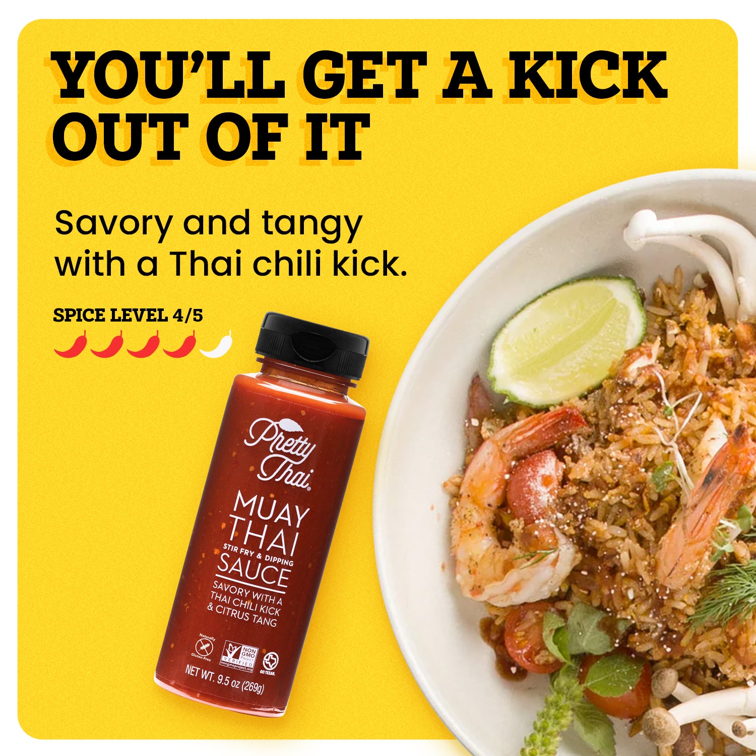 A bottle of Pretty Thai Muay Thai Stir Fry and dipping Sauce, which has savory with a thai chili kick and citrus tang. Net WT. 9.5 0z (269 g) is also written on it under different labels. In the background, different vegetables can be seen. 