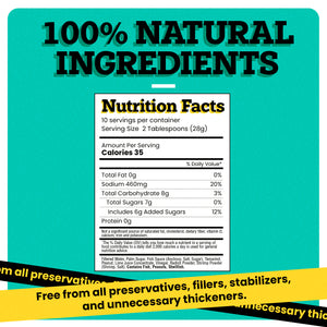 “100% NATURAL INGREDIENTS” can be seen written on the top of the image in bold black font. Under this text, a Nutrition Facts receipt is present. At the bottom of the image, two bands black and yellow have “Free from all preservatives, fillers, stabilizers, and unnecessary thickeners.” written on them.
