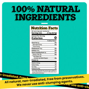“100% NATURAL INGREDIENTS” can be seen written on the top of the image in bold black font. Under this text, a Nutrition Facts receipt is present. At the bottom of the image, two bands black and yellow have “Free from all preservatives, fillers, stabilizers, and unnecessary thickeners.” written on them.