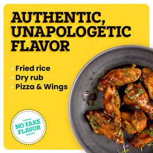 Image of a plate of chicken wings on a yellow background. The text reads in black font: Authentic unapologetic flavor with bullet points below that read Fried rice, dry rub, and pizza and wings. There is a white icon in the bottom left that reads: No Fake Flavor.