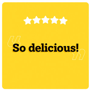 On a yellow background, 5 white stars can be seen in the center. Under the stars, “So delicious!” is written in black double quotes in bold black font. An illustration of two big white quotes can also be seen