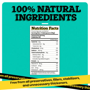 "“100% NATURAL INGREDIENTS” can be seen written on the top of the image in bold black font. Under this text, a Nutrition Facts receipt is present. At the bottom of the image, two bands black and yellow have “Free from all preservatives, fillers, stabilizers, and unnecessary thickeners. Necessary” written on them. "
