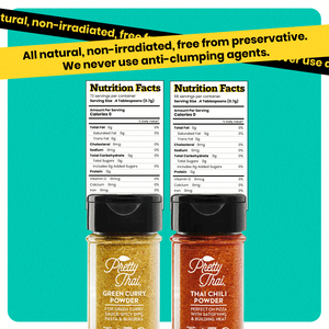 "Two Nutrition Facts receipts can be seen. At the bottom of both receipts two bottles of Pretty Thai Green Curry Powder and Thai Chili Powder are present. On the top of receipts two black and yellow bands have “Free from all preservatives, fillers, stabilizers, and unnecessary thickeners. Necessary” written on them.  "