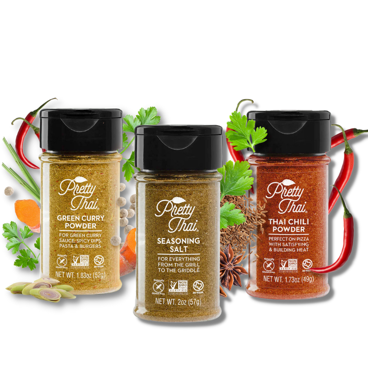 Three Pretty Thai products can be seen in the image. Green Curry Powder, Thai Chili Powder, and Seasoning Salt. Above these three bottles, three white receipts can be seen with “Nutrition Facts” written on all of them.” Free from all preservatives, fillers, stabilizers, and unnecessary thickeners” is also written on yellow and black backgrounds at the top of a blue background.