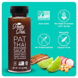 Image of Pretty Thai’s PAT Thai stir fry and marinade sauce,” Savory with a Tangy Punch of Tamarind” and Net WT. 10.2 0z (289 g) is also written on it. In the bottom right corner, some vegetables and nuts can be seen. On top of these vegetables, 4 white icons are present. These icons read “Non-GMO, No High-Fructose Corn Syrup, No Preservatives, and Naturally Gluten-Free”.
