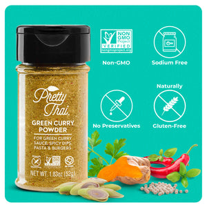 A bottle of Pretty Thai Green Curry Powder. which is for the green curry sauce, spicy dips, pasta and burgers. Net WT. 1.83 oz (52 g) is also written on it under different labels. At the bottom right corner, some vegetables can be seen. 4 icons can be seen which read “Non-GMO, Sodium Free, No Preservatives, and Naturally Gluten-Free”