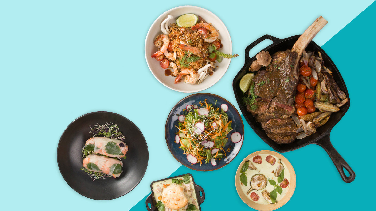 4 plates with a tray and pan of different colors and food in it can be seen on split background of blue and light blue