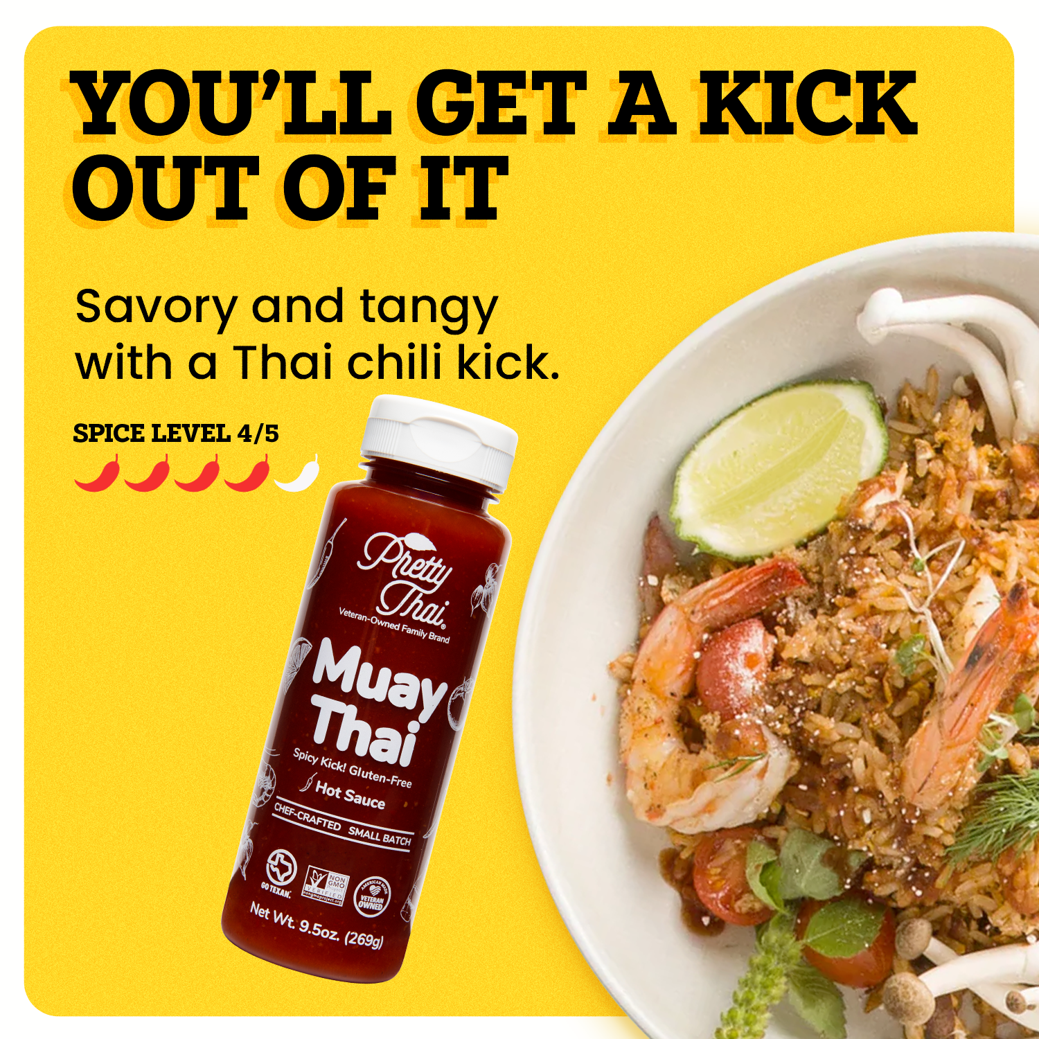 A bottle of Pretty Thai Muay Thai Stir Fry and dipping Sauce, which has savory with a thai chili kick and citrus tang. Net WT. 9.5 0z (269 g) is also written on it under different labels. In the background, different vegetables can be seen. 