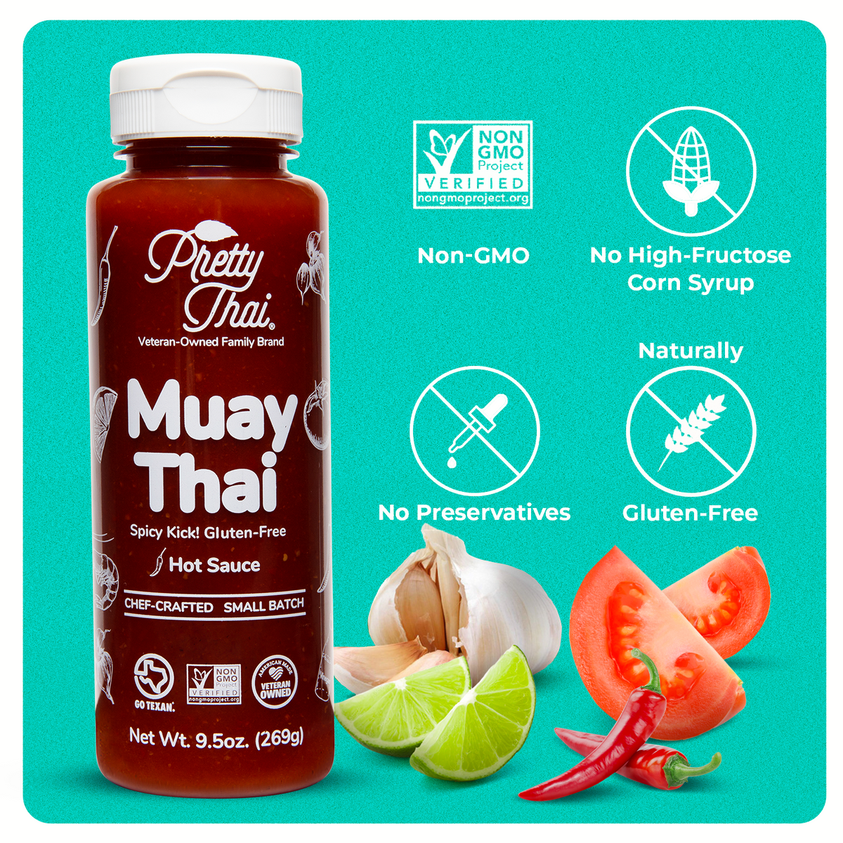 Image of Pretty Thai’s Muay Thai Stir Fry And Dripping Sauce.” Savory with a Thai chili kick and citrus tang” and Net WT. 10.5 0z (297 g) is also written on it. In the bottom right corner, some vegetables and powder can be seen. On top of these vegetables, 4 white icons are present. These icons read “Non-GMO, No High-Fructose Corn Syrup, No Preservatives, and Naturally Gluten-Free”.