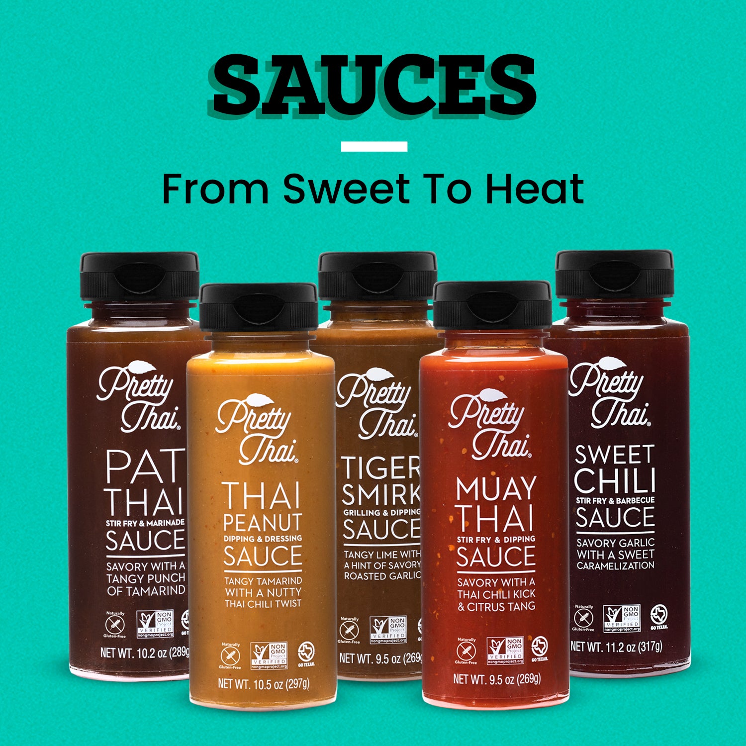 selection of all 5 of our sauces! Pat Thai Sauce, Muay Thai Sauce, Thai Peanut Sauce, Sweet Chili Sauce, Tiger Smirk Sauce, Green Curry Powder, Seasoning Salt, and Thai Chili Powder