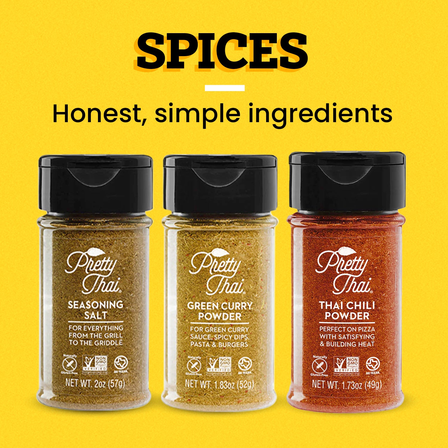 3 pretty thai spices with text written " honest, simple ingredients" on top over yellow background