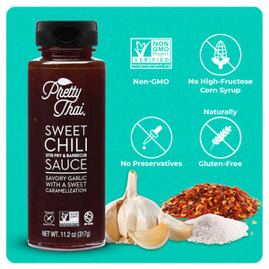 Front of Pretty Thai’s Sweet Chili Stir Fry and Barbecue Sauce bottle on the blue background. In the bottom right corner, some vegetables and powder can be seen. On top of these vegetables and powder, 4 white icons are present. These icons read “Non-GMO, No High-Fructose Corn Syrup, No Preservatives, and Naturally Gluten-Free”.