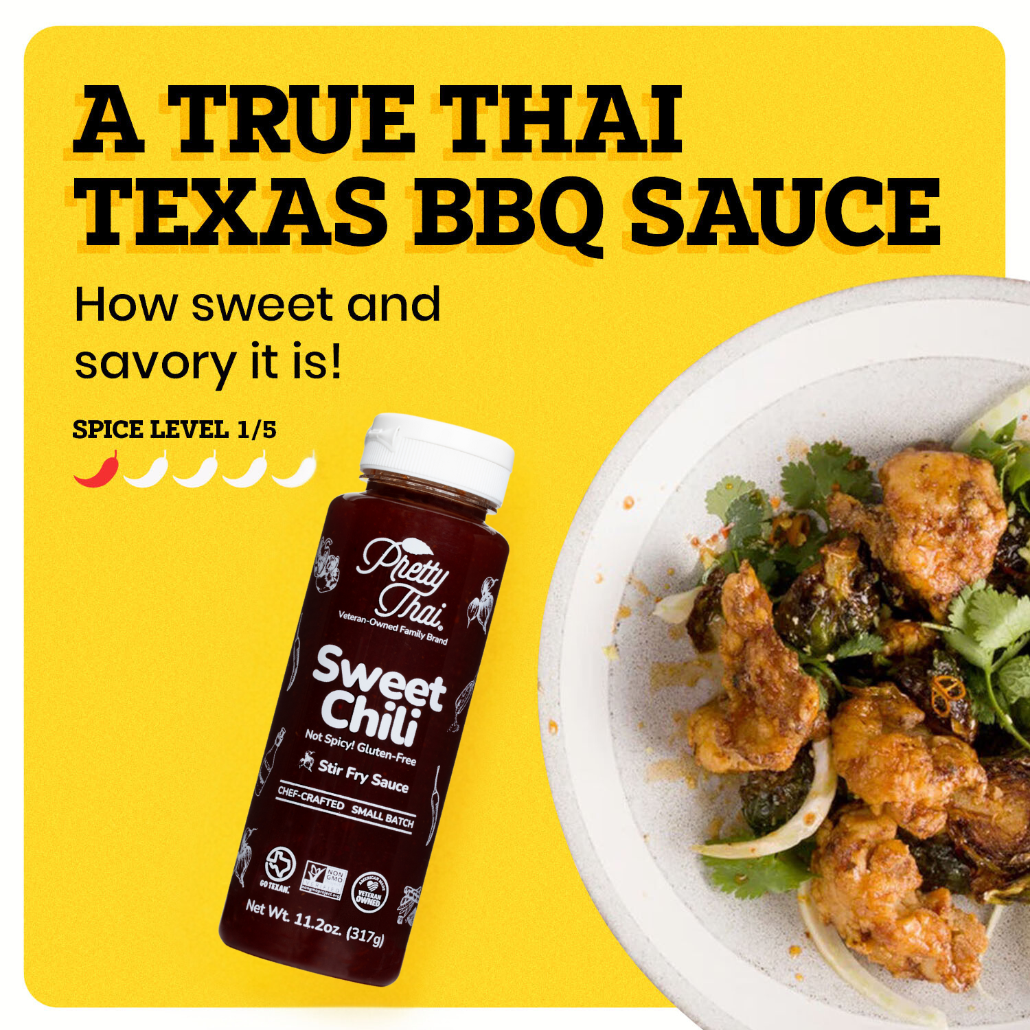 A bottle of Pretty Thai Sweet Chili Stir Fry and Barbecue Sauce, which has savory garlic with sweet caramelization. Net WT. 11.20z (317 g) is also written on it under the different labels. In the background mixture of red chilis and garlic pieces can be seen. 