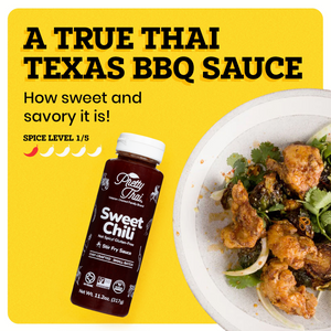 A white plate with some chicken food in it on the yellow background. The border of the background is white. A bottle of Sweet Chili Stir Fry and Barbecue Sauce alongside the plate. At the top left corner “A True Thai Texas BBQ Sauce” is written in bold black font. Under this text “How savory it is!” is written in black. Under this “Spice Level 1/5 ” is written in black and under this text there are 5 chilis present out of which one is red and others are white.