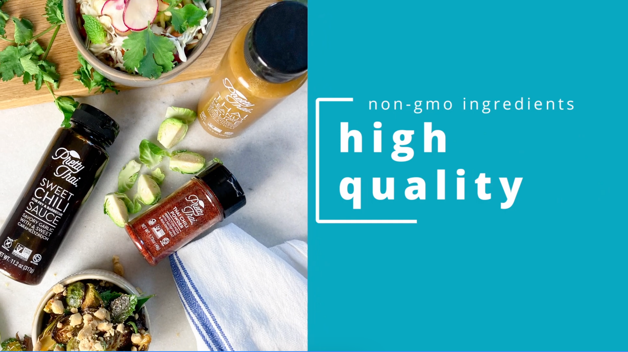 A split image can be seen in which white text is written on blue background on right side and on left side there are 3 bottles of Pretty Thai sauces with two bowls 