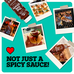 A blue background with photos of different dishes framed with as a polaroid photo. The border of the background is white. At the top left a bottle of Pretty Thai Sriracha Hot Sauce is present.  At the bottom left there is a picture of a red heart. Under the heart are the words "Not jsut a spicy sauce!" written in black bold letters. 