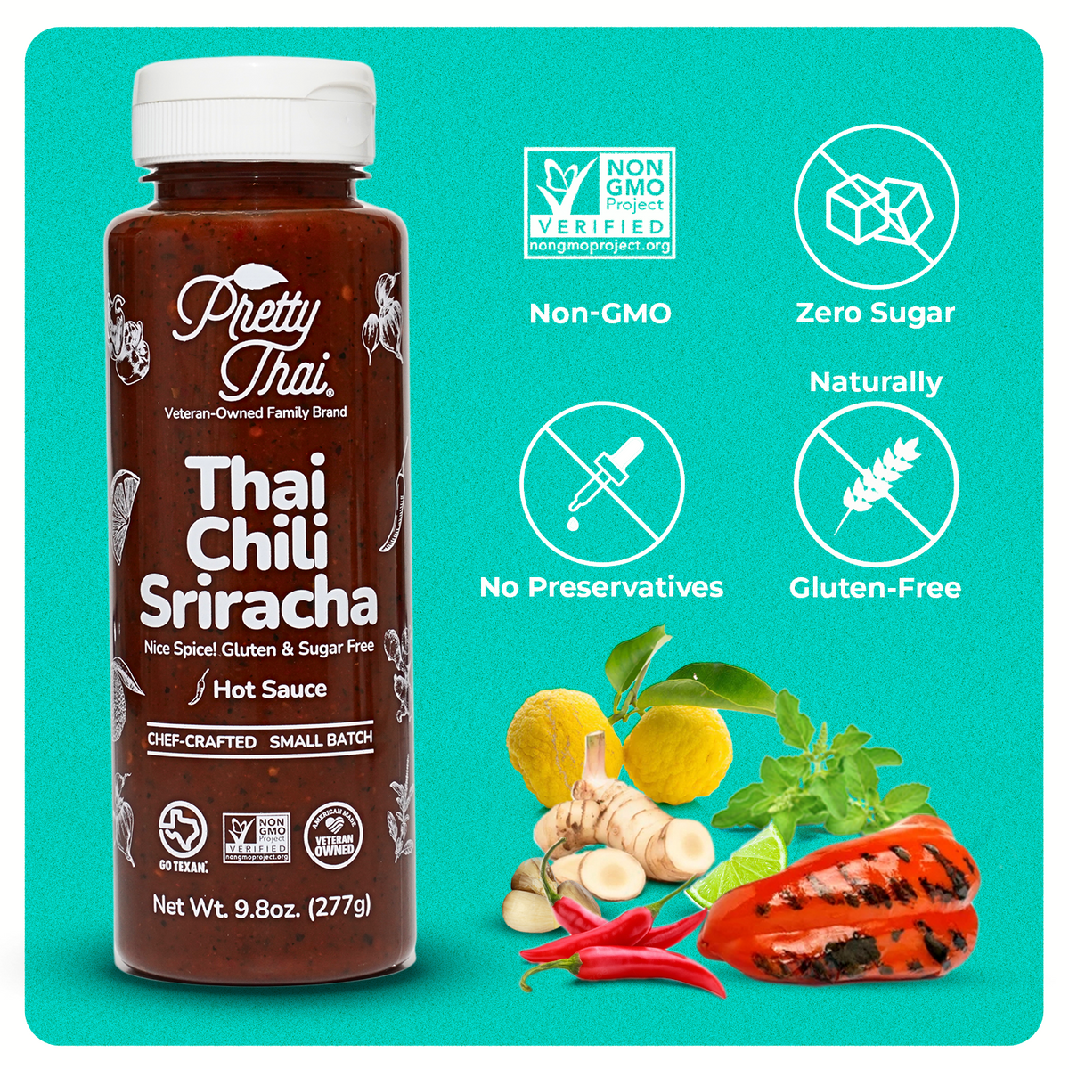 Front of Pretty Thai’s Thai Chili Sriracha Hot Sauce bottle on the blue background. In the bottom right corner, some vegetables and herbs can be seen. On top of these vegetables and herbs, 4 white icons are present. These icons read “Non-GMO, Zero Sugar, No Preservatives, and Naturally Gluten-Free”.