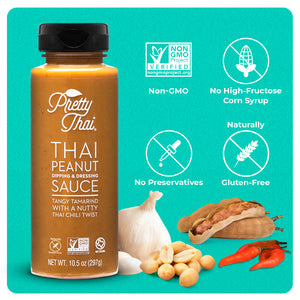 A bottle of Pretty Thai’s peanut dipping and dressing sauce.” Tangy Tamarind with A Nutty Thai Chili Twist” and Net WT. 10.5 oz (297 g) is also written on it under different labels. At the bottom right corner, some red chilis, garlic, and peanuts can be seen. 4 icons can be seen which read “Non-GMO, No High-Fructose Corn Syrup, No Preservatives, and Naturally Gluten-Free”