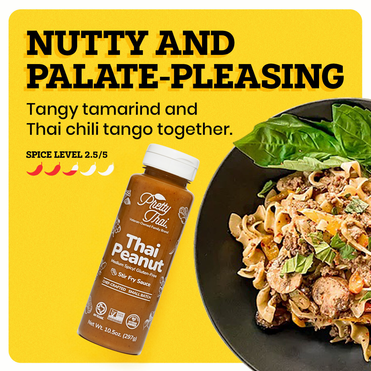 Image of Pretty Thai’s Peanut Dipping and Dressing Sauce. This one has tangy tamarind with a nutty Thai chili twist. Net WT. 10.5 0z (297 g) is also written on it. In the background, some vegetables and nuts can also be seen.