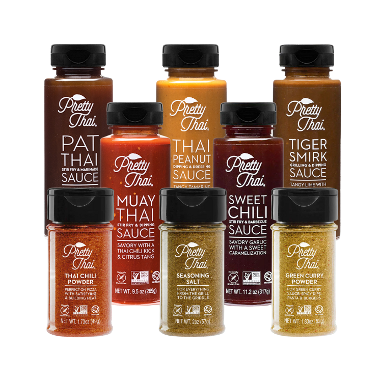 selection of all 5 of our sauces and 3 of our spices! Pat Thai Sauce, Muay Thai Sauce, Thai Peanut Sauce, Sweet Chili Sauce, Tiger Smirk Sauce, Green Curry Powder, Seasoning Salt, and Thai Chili Powder