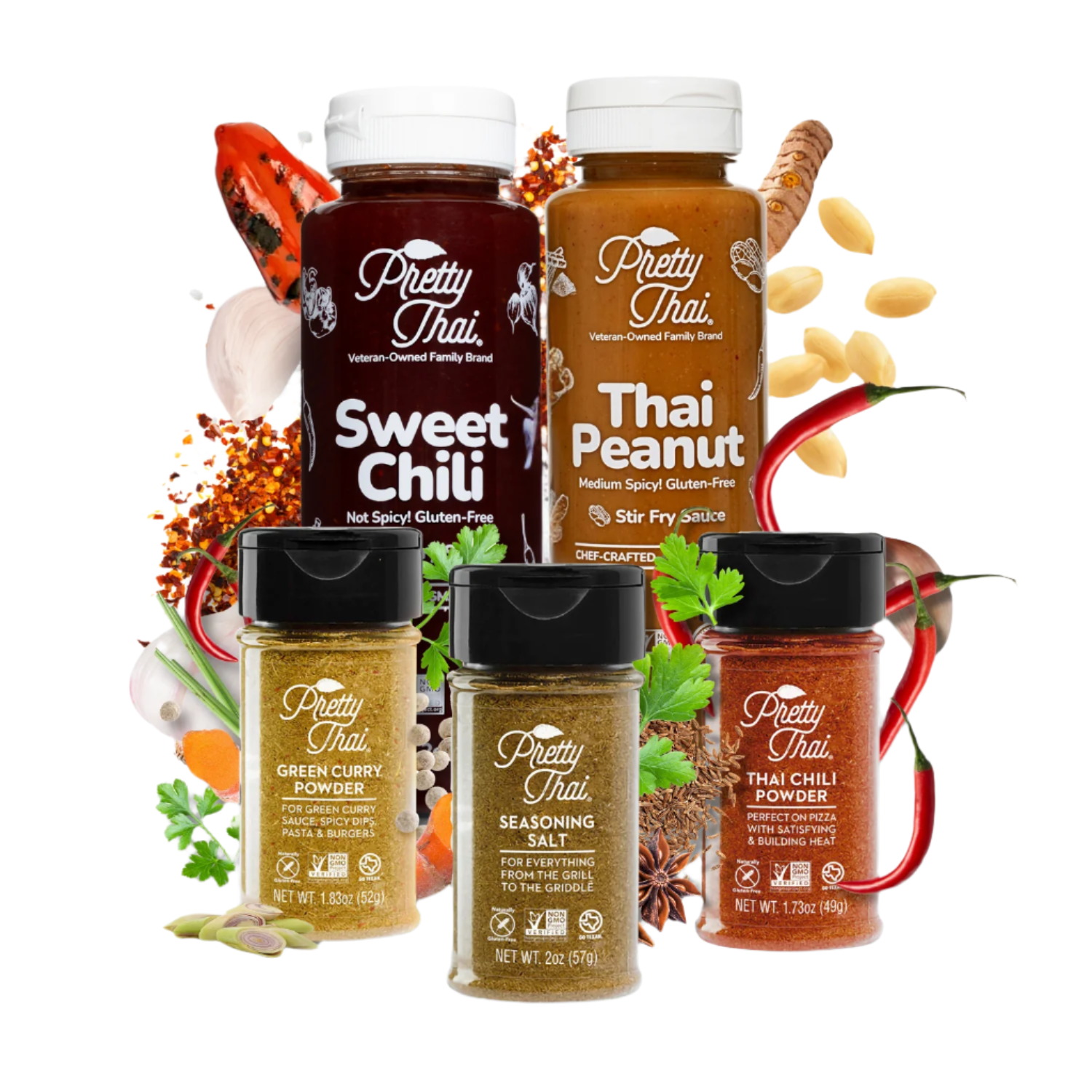 Picture of two Pretty Thai sauces and 3 spices.  Sauces include Sweet Chili and Thai Peanut.  Spices include Green Curry Powder, Seasoning salt and Thai Chili powder.  The background includes ingredients spread out which are:  Red pepper, peanuts, salt, chili powder flakes, turmeric, lemongrass, fennel, etc. 