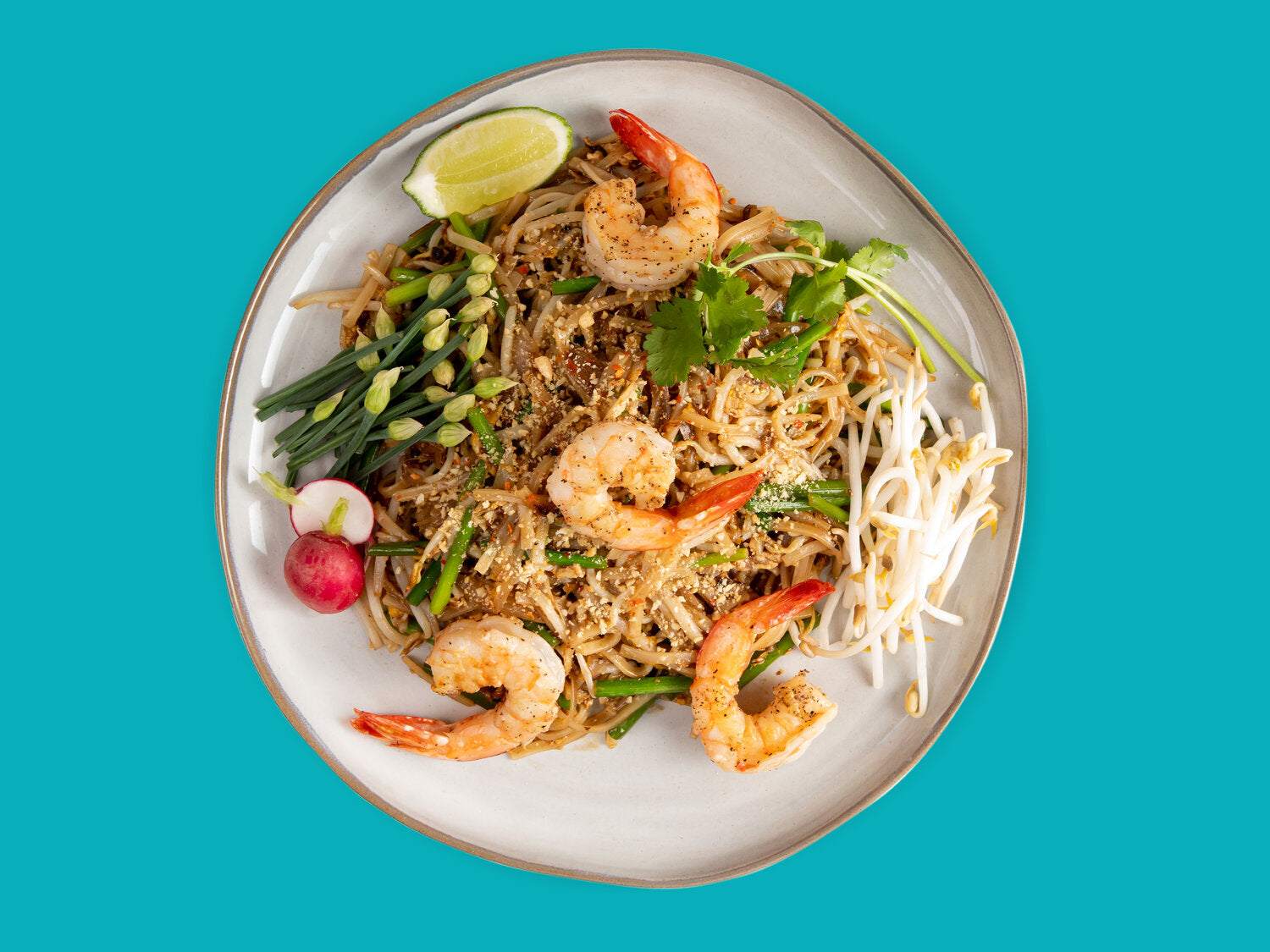 A white plate with shrimps and rice on blue background can be seen