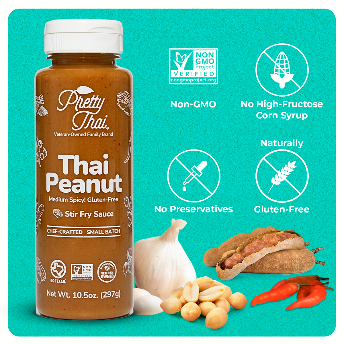 A bottle of Pretty Thai’s peanut dipping and dressing sauce.” Tangy Tamarind with A Nutty Thai Chili Twist” and Net WT. 10.5 oz (297 g) is also written on it under different labels. At the bottom right corner, some red chilis, garlic, and peanuts can be seen. 4 icons can be seen which read “Non-GMO, No High-Fructose Corn Syrup, No Preservatives, and Naturally Gluten-Free”