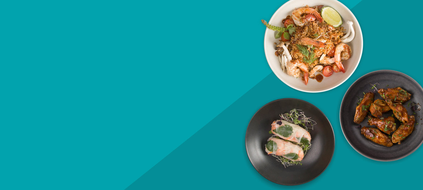 3 plates of different food can be seen on blue background.