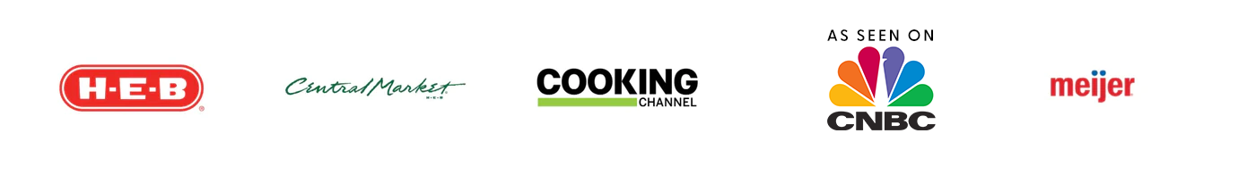 Logos of H-E-B, Central Market, Cooking Channel, As Seen On CNBC, and meijer are present on white background.