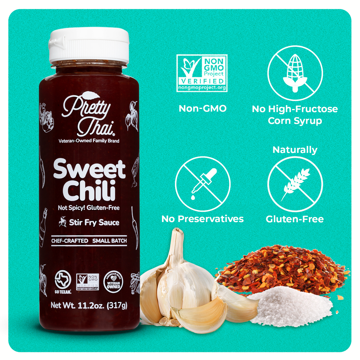 Front of Pretty Thai’s Sweet Chili Stir Fry and Barbecue Sauce bottle on the blue background. In the bottom right corner, some vegetables and powder can be seen. On top of these vegetables and powder, 4 white icons are present. These icons read “Non-GMO, No High-Fructose Corn Syrup, No Preservatives, and Naturally Gluten-Free”.