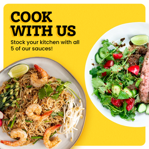 Two white plates, one has shrimps and the other has streak init on a yellow background. The border of the background is white. At the top left corner “Cook With Us” is written in bold black font. Under this text “Stock your Kitchen with all our sauces and spices!” is also written in black. 