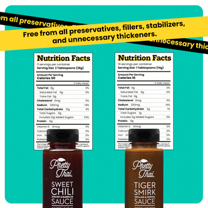 Pretty Thai products can be seen in the image. Sweet Chili Stir Fry and tiger smirk grilling and dripping sauce. Above these two bottles, two white receipts can be seen with “Nutrition Facts” written on all of them.” Free from all preservatives, fillers, stabilizers, and unnecessary thickeners” is also written on yellow and blackbands at the top of blue background.