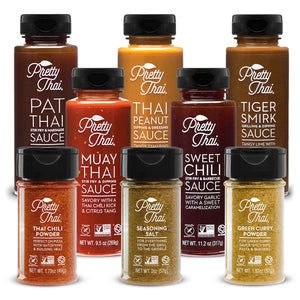 selection of all 5 of our sauces and 3 of our spices! Pat Thai Sauce, Muay Thai Sauce, Thai Peanut Sauce, Sweet Chili Sauce, Tiger Smirk Sauce, Green Curry Powder, Seasoning Salt, and Thai Chili Powder