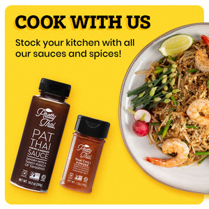 A white plate with some seafood in it is on a yellow background. The border of the background is white. Pretty Thai’s Thai Chili Powder and PAT Thai stir fry and marinade sauce bottles alongside the plate. At the top left corner “Cook With Us” is written in bold black font. Under this text “Stock your Kitchen with all our sauces and spices!” is written in black.