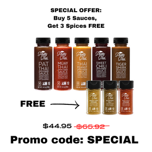 Special offer image with buy selection of all 5 of our sauces and 3 of our spices are free! Pat Thai Sauce, Muay Thai Sauce, Thai Peanut Sauce, Sweet Chili Sauce, Tiger Smirk Sauce, Green Curry Powder, Seasoning Salt, and Thai Chili Powder. With promo code written as  SPECIAL and price 44.95$ instead of 65.92$