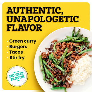 A white plate with some food in it is on a yellow background. The border of the background is white. At the top left corner “Authentic, Unapologetic Flavor” is written in bold black font. Under this text, white bullet points read “Green Curry, Burgers, Tacos, and Stir Fry”. At the bottom left corner, a white icon reads “No Fake Flavor”.