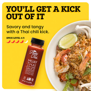 A white plate with some food in it is on a yellow background. The border of the background is white. Pretty Thai  Muay Thai Stir Fry and dipping Sauce alongside the plate. At the top left corner “You’ll Get a Kick out of it” is written in bold black font. Under this text “Savory and Tangy with a Thai Chili Kick” is written in black. Under this “Spice Level 4/5 ” is written in black and under this text there are 5 chilis present out of which 4 are red and one is white.