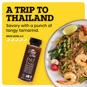 A white plate with seafood in it on the yellow background. The border of the background is white. Pretty Thai  PAT Thai Stir Fry and Marinade Sauce alongside the plate. At the top left corner “A Trip to Thailand” is written in bold black font. Under this text “Savory with a punch of tangy taramind” is written in black. Under this “Spice Level 0/5 ” is written in black and under this text there are 5 chilis present out of which all are white.