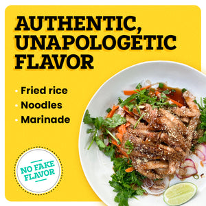A white plate with food in it is on a yellow background. The border of the background is white. At the top left corner “Authentic, Unapologetic Flavor” is written in bold black font. Under this text “Perfect for” is written in black. Under this text, white bullet points read “Fried Rice, Noodles, and Marinade”. At the bottom left corner, a white icon reads “No Fake Flavor”.