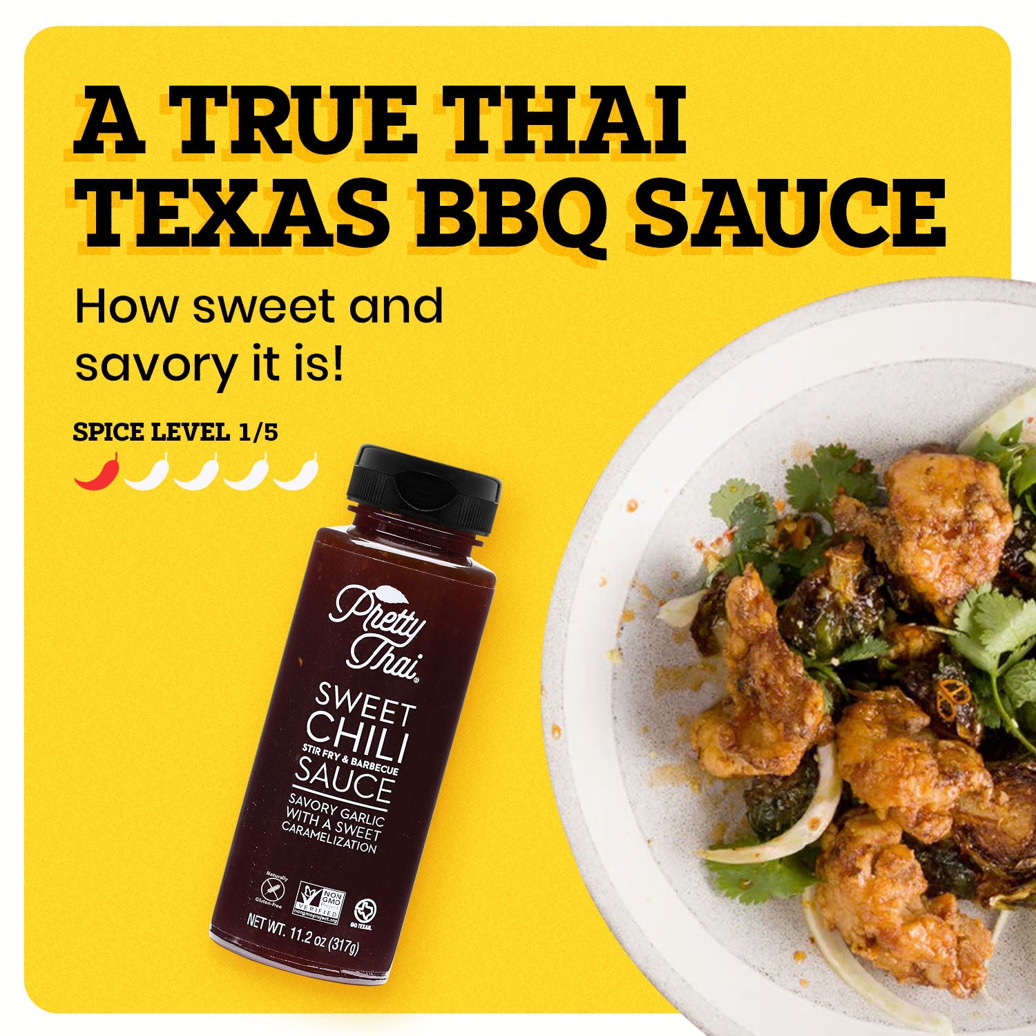 A bottle of Pretty Thai Sweet Chili Stir Fry and Barbecue Sauce, which has savory garlic with sweet caramelization. Net WT. 11.20z (317 g) is also written on it under the different labels. In the background mixture of red chilis and garlic pieces can be seen. 