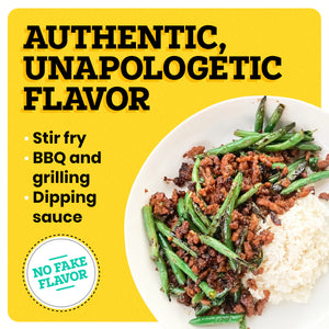 A white plate with some food in it is on a yellow background. The border of the background is white. At the top left corner “Authentic, Unapologetic Flavor” is written in bold black font. Under this text, white bullet points read “Stir Fry, BBQ and Grilling, and Dipping Sauce ”. At the bottom left corner, a white icon reads “No Fake Flavor”.
