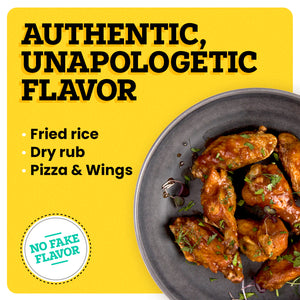A steel plate with chicken wings in it is on a yellow background. The border of the background is white. At the top left corner “Authentic, Unapologetic Flavor” is written in bold black font. Under this text, white bullet points read “Fried Rice, Dry Rub, Pizza, and Wings”. At the bottom left corner, a white icon reads “No Fake Flavor”.