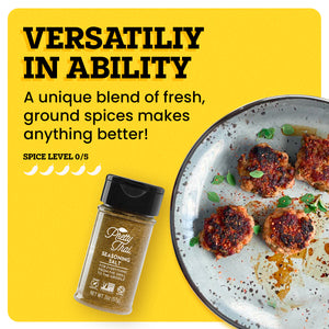 A grey plate with some food in it is on a yellow background. The border of the background is white. Pretty Thai Seasoning Salt bottle alongside the plate. At the top left corner “Versatiliy in Ability” is written in bold black font. Under this text “A Unique Blend of fresh, ground spices makes anything better!” is written in black. Under this “Spice Level 0/5 ” is written in black and under this text there are 5 white chilis present.